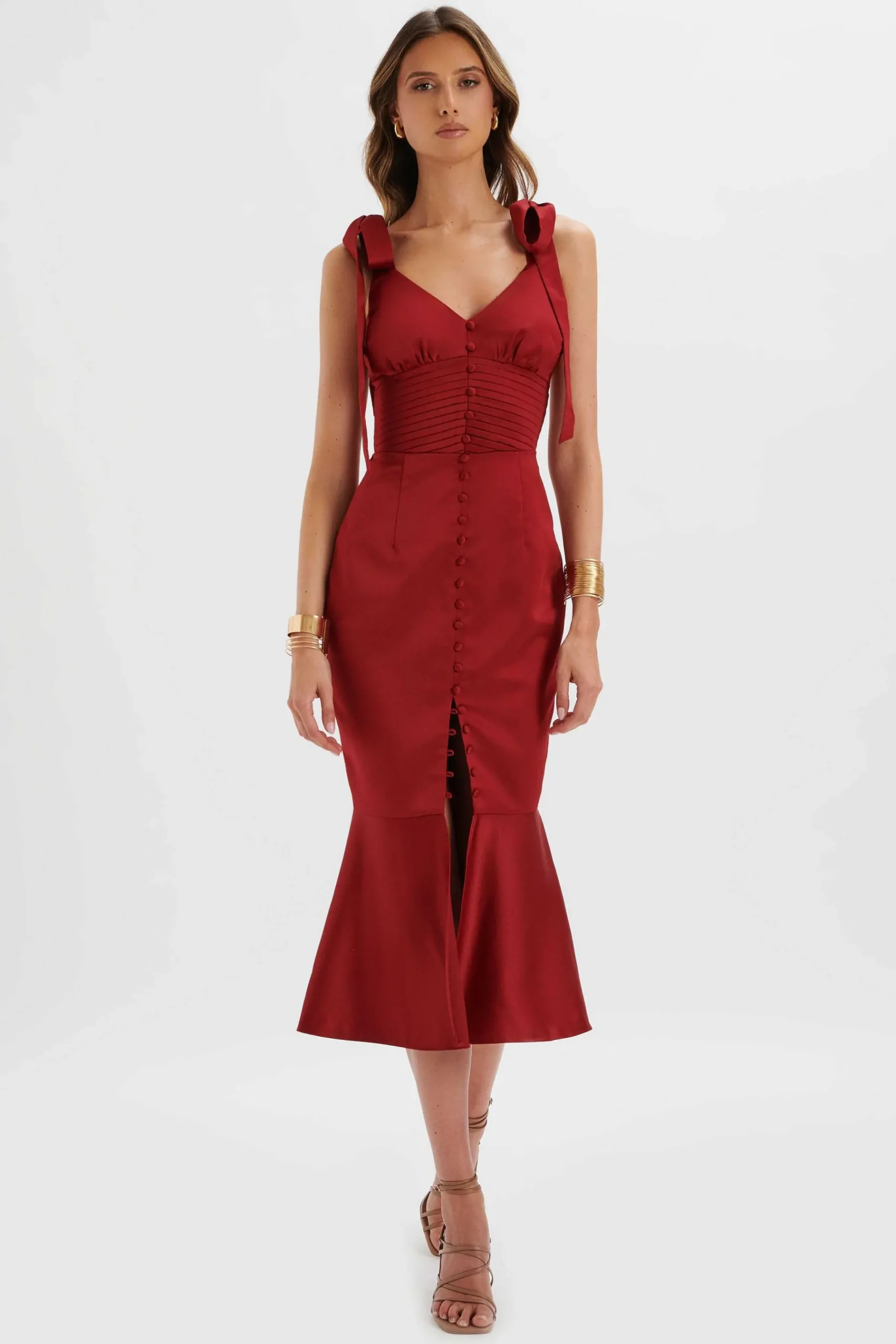 Kamila Tie Strap Micro Button Satin Midi Dress In Burgundy<Lavish Alice Clearance