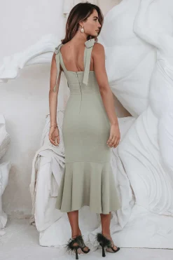Kamila Tie Strap Micro Button Midi Dress In Sage Green<Lavish Alice Best