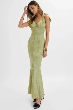Kamila Tie Strap Micro Button Satin Maxi Dress In Green Floral<Lavish Alice Best Sale