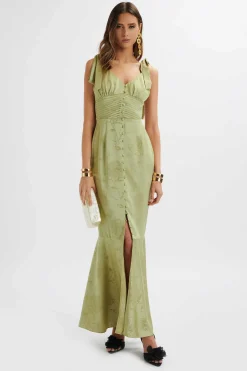 Kamila Tie Strap Micro Button Satin Maxi Dress In Green Floral<Lavish Alice Best Sale