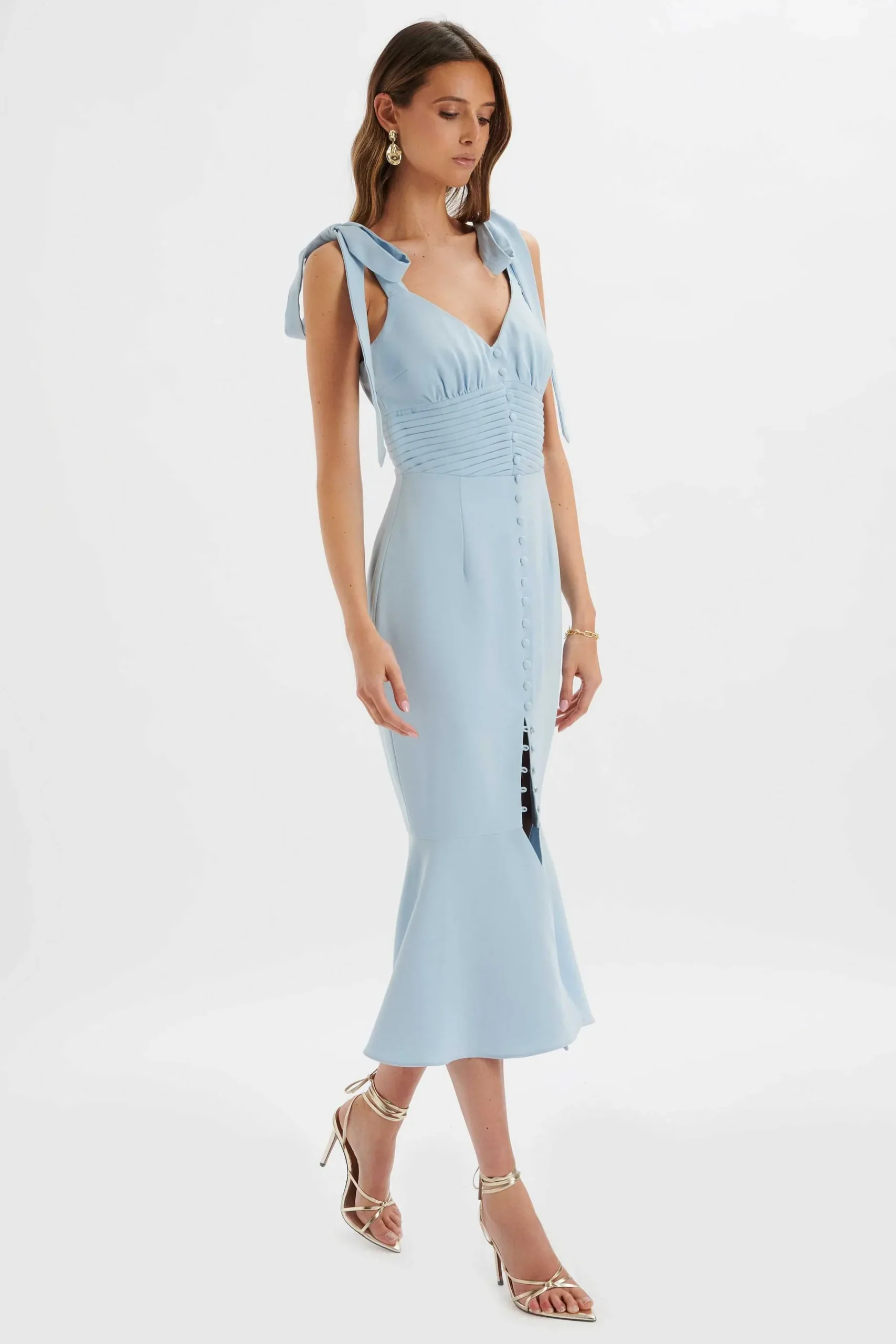 Kamila Tie Strap Micro Button Midi Dress In Deep Corn Flower Blue<Lavish Alice Cheap