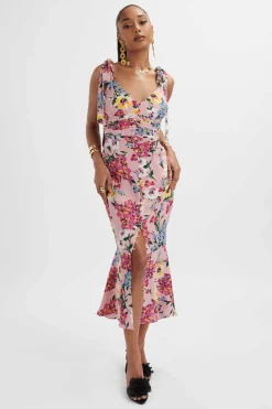 Kamila Tie Strap Micro Button Longline Midi Dress In Pink Floral Satin<Lavish Alice Shop