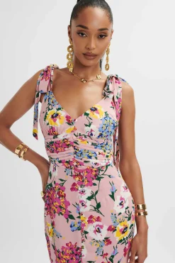 Kamila Tie Strap Micro Button Longline Midi Dress In Pink Floral Satin<Lavish Alice Shop