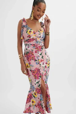 Kamila Tie Strap Micro Button Longline Midi Dress In Pink Floral Satin<Lavish Alice Shop
