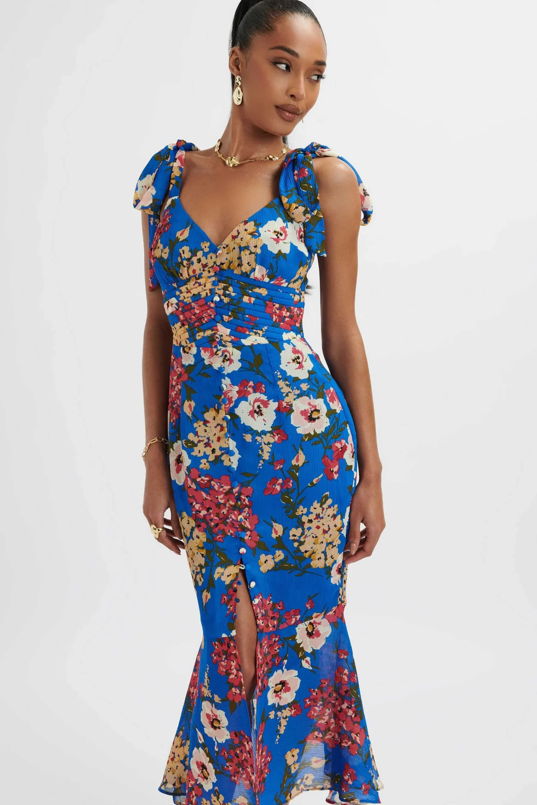 Kamila Tie Strap Micro Button Longline Midi Dress In Blue Floral Satin<Lavish Alice Sale
