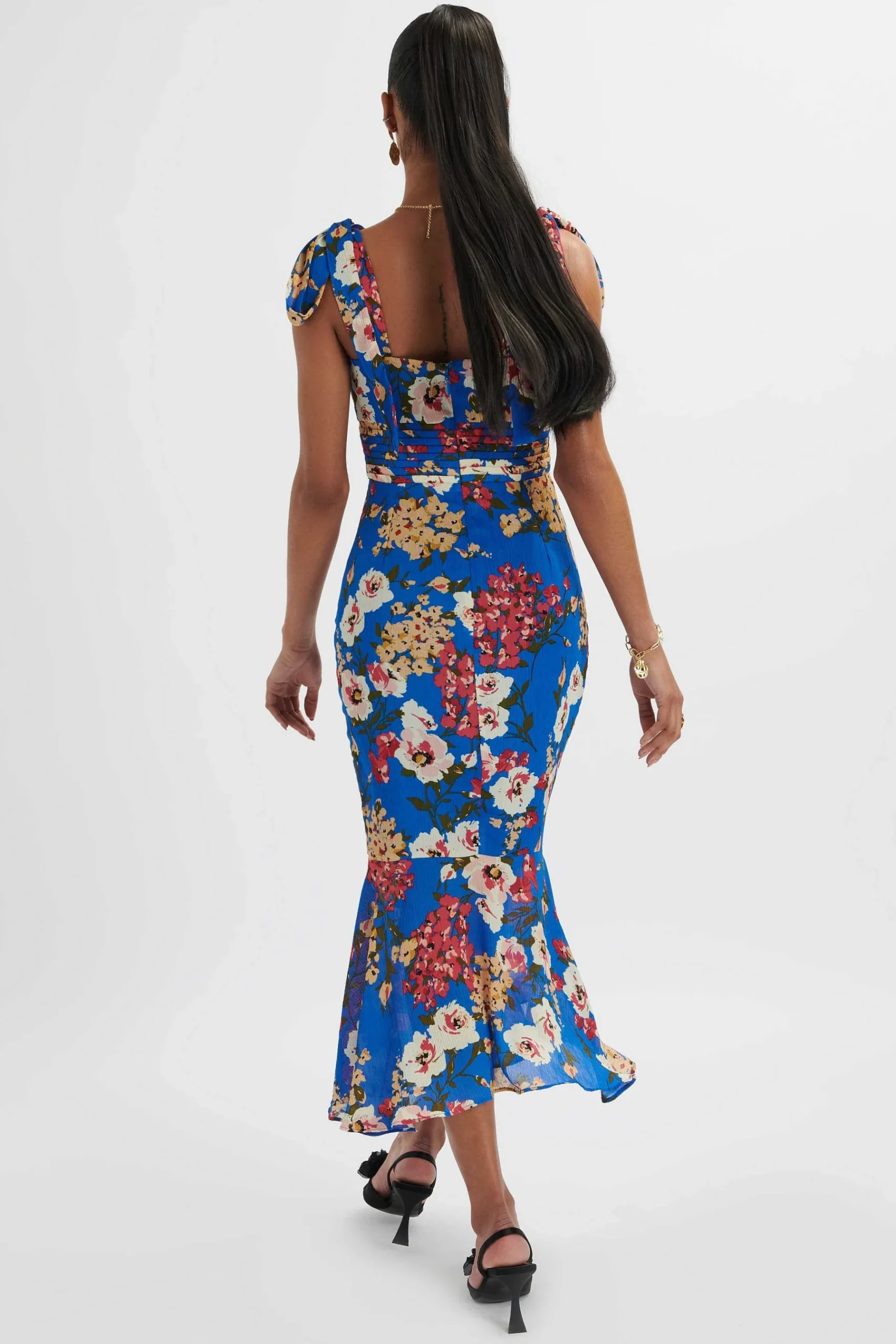 Kamila Tie Strap Micro Button Longline Midi Dress In Blue Floral Satin<Lavish Alice Sale