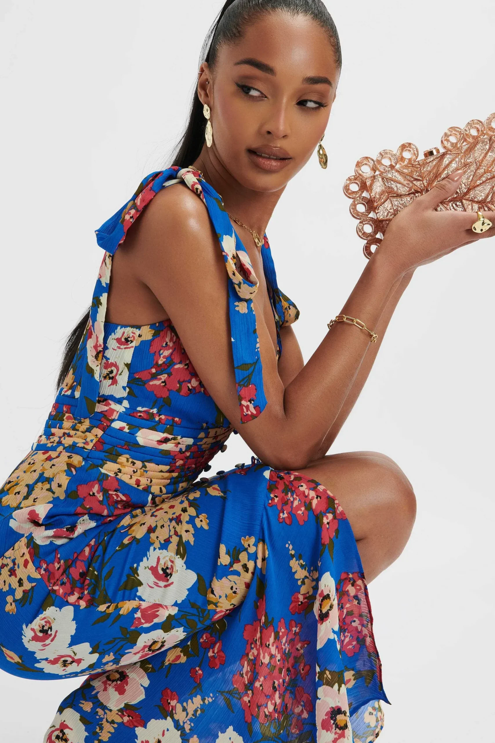 Kamila Tie Strap Micro Button Longline Midi Dress In Blue Floral Satin<Lavish Alice Sale