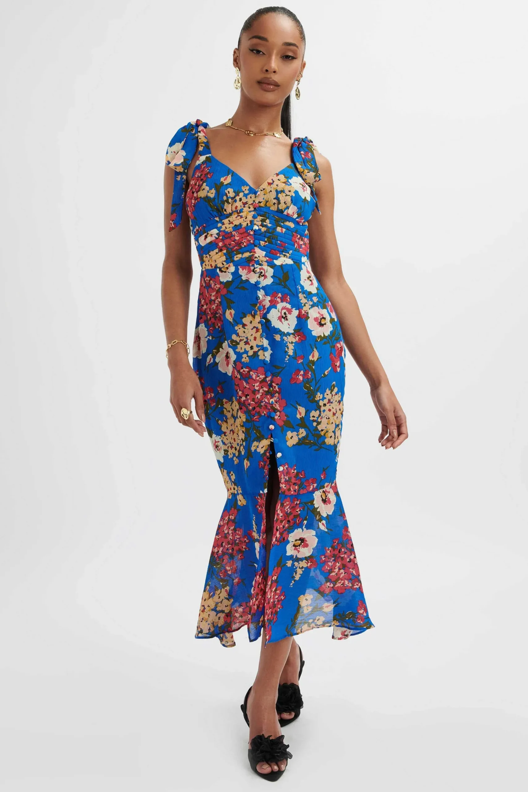 Kamila Tie Strap Micro Button Longline Midi Dress In Blue Floral Satin<Lavish Alice Sale