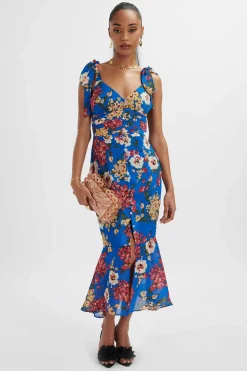 Kamila Tie Strap Micro Button Longline Midi Dress In Blue Floral Satin<Lavish Alice Sale