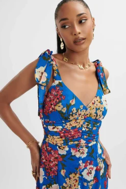 Kamila Tie Strap Micro Button Longline Midi Dress In Blue Floral Satin<Lavish Alice Sale