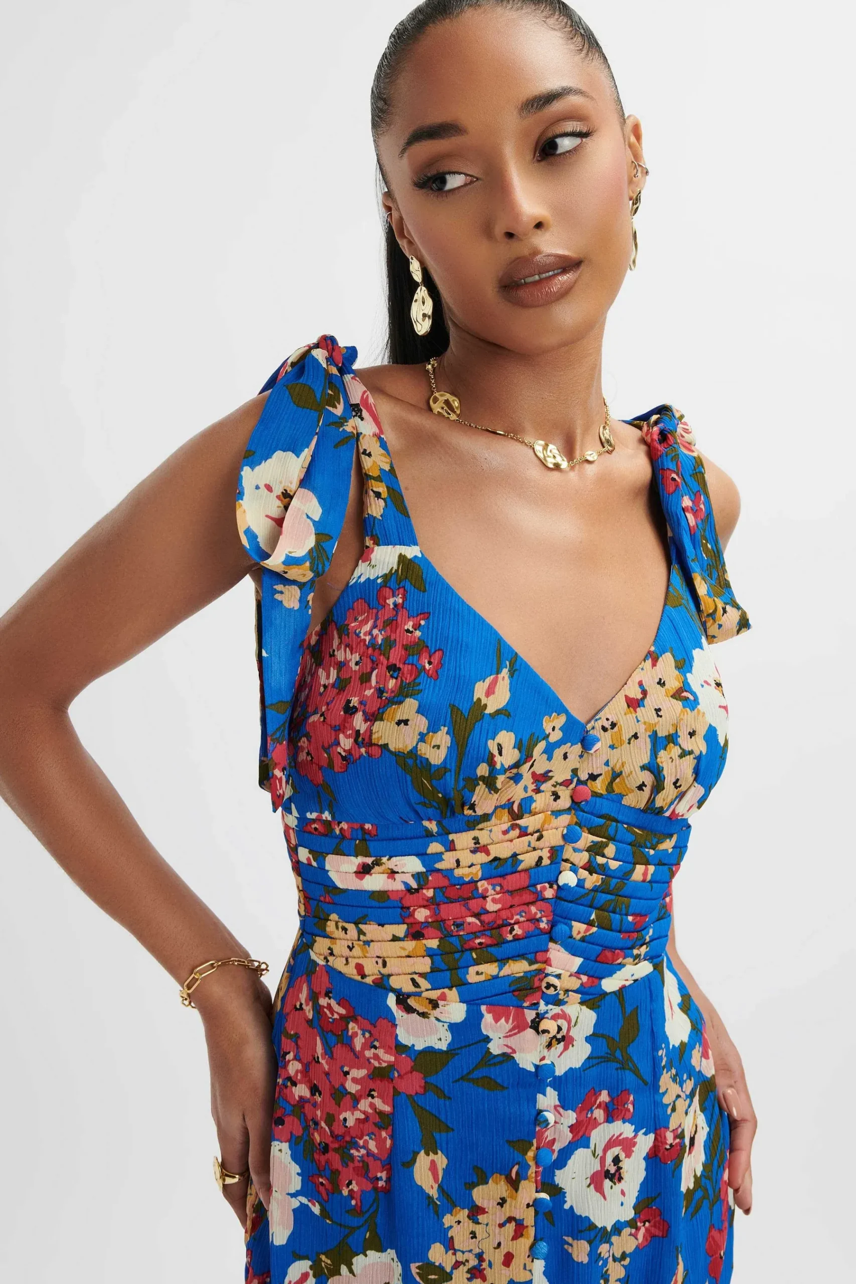 Kamila Tie Strap Micro Button Longline Midi Dress In Blue Floral Satin<Lavish Alice Sale
