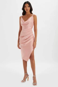Katrina Strappy Cowl Neck Satin Midi Dress In Pink<Lavish Alice Hot