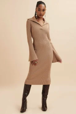 Kaya Knitted Ribbed Collar Midi Dress In Camel<Lavish Alice Online