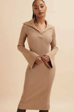 Kaya Knitted Ribbed Collar Midi Dress In Camel<Lavish Alice Online