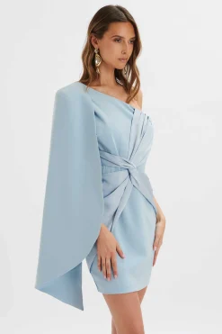 Laila Twist Front One Shoulder Cape Mini Dress In Blue<Lavish Alice Fashion
