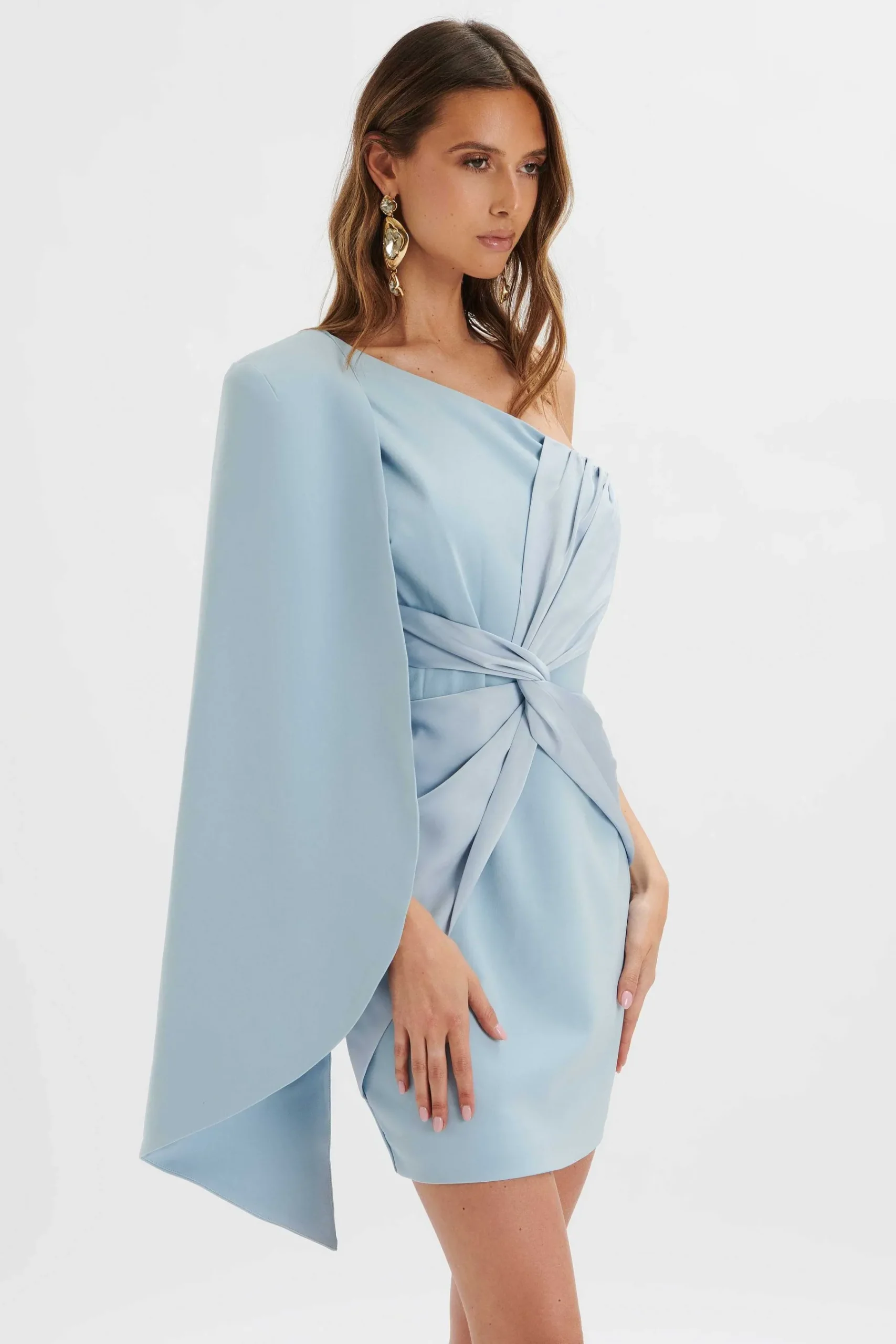 Laila Twist Front One Shoulder Cape Mini Dress In Blue<Lavish Alice Fashion