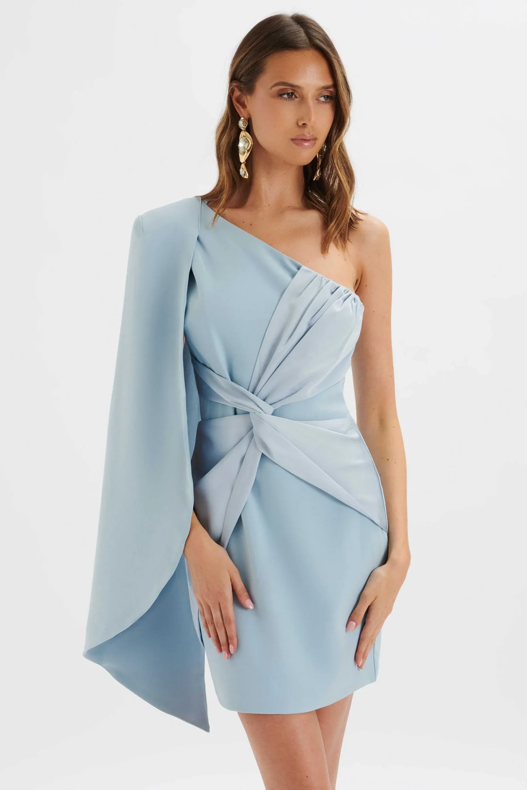 Laila Twist Front One Shoulder Cape Mini Dress In Blue<Lavish Alice Fashion