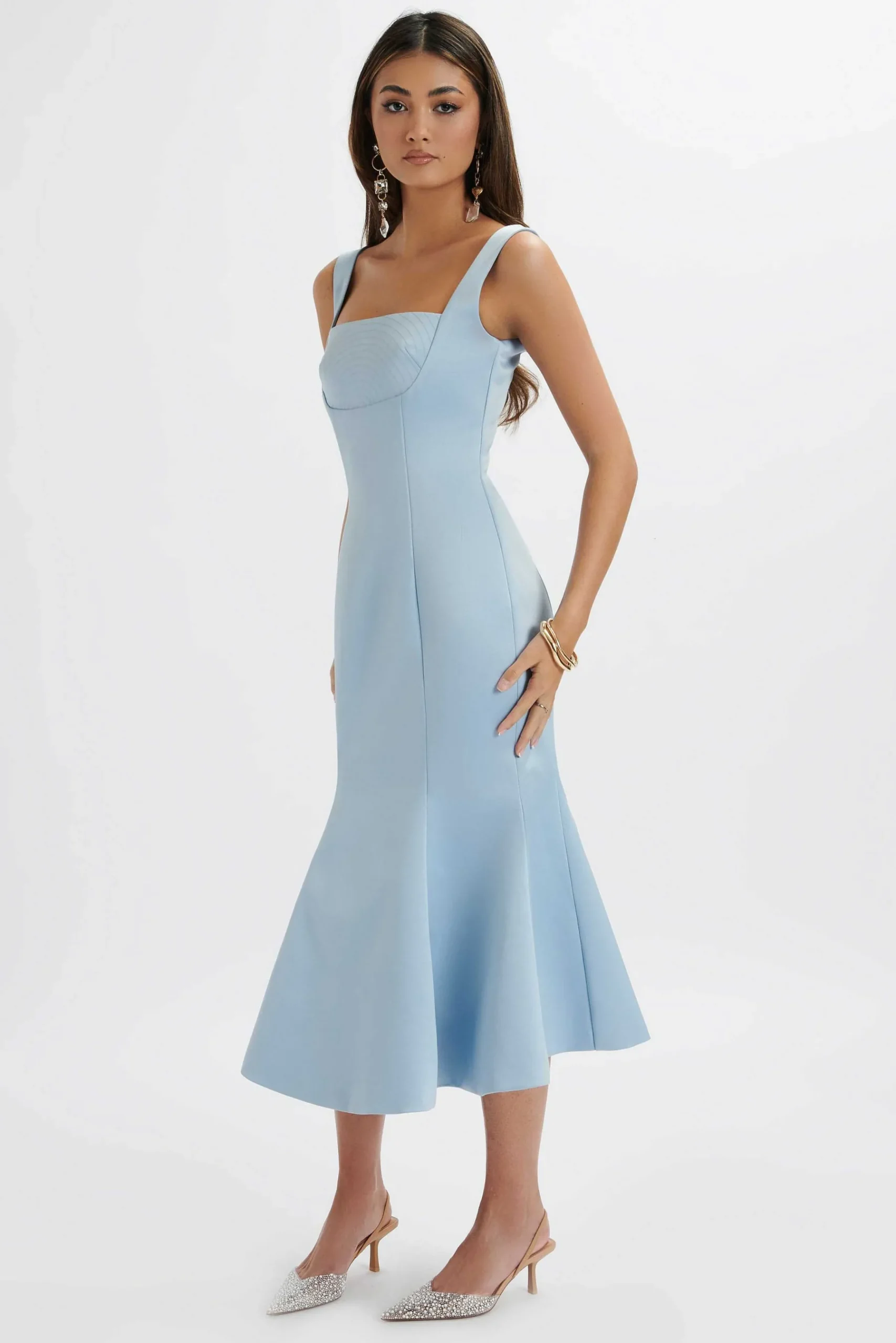 Lainey Structured Satin Midi Slip Dress In Cornflower Blue<Lavish Alice Clearance