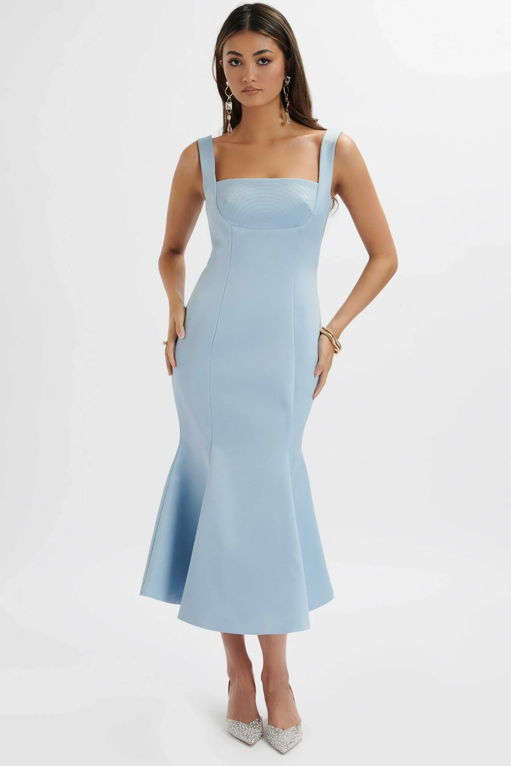 Lainey Structured Satin Midi Slip Dress In Cornflower Blue<Lavish Alice Clearance