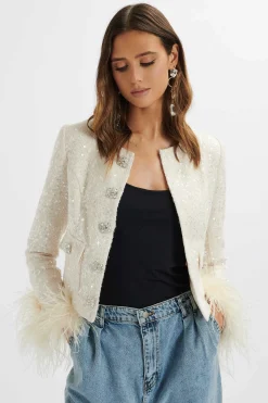 Laria Sequin Boucle Cropped Jacket With Feather Cuffs In Beige<Lavish Alice Cheap