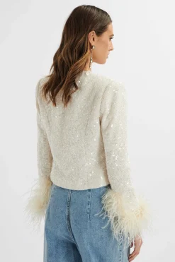 Laria Sequin Boucle Cropped Jacket With Feather Cuffs In Beige<Lavish Alice Cheap