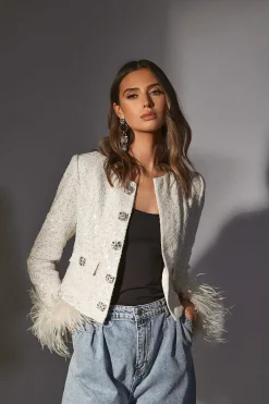 Laria Sequin Boucle Cropped Jacket With Feather Cuffs In Beige<Lavish Alice Cheap