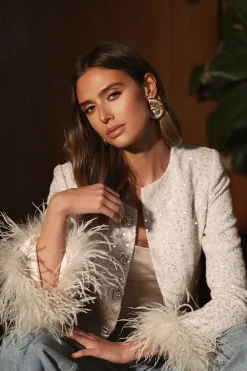 Laria Sequin Boucle Cropped Jacket With Feather Cuffs In Beige<Lavish Alice Cheap