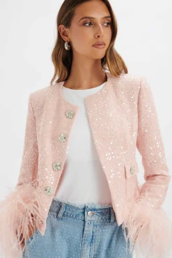 Laria Sequin Boucle Jacket With Feather Cuffs In Pink<Lavish Alice Flash Sale