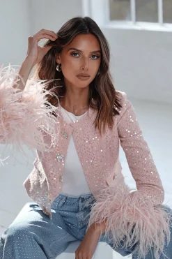 Laria Sequin Boucle Jacket With Feather Cuffs In Pink<Lavish Alice Flash Sale