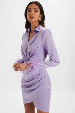 Laura Satin Mini Shirt Dress With Feather Cuffs In Lavender<Lavish Alice Best Sale