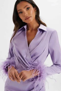 Laura Satin Mini Shirt Dress With Feather Cuffs In Lavender<Lavish Alice Best Sale