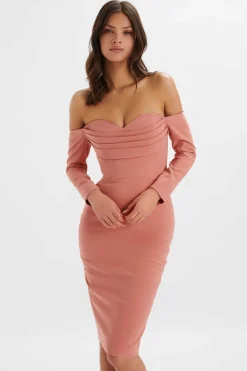 Lila Bardot Draped Bust Bodycon Midi Dress In Rose Pink<Lavish Alice Shop