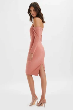 Lila Bardot Draped Bust Bodycon Midi Dress In Rose Pink<Lavish Alice Shop