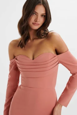 Lila Bardot Draped Bust Bodycon Midi Dress In Rose Pink<Lavish Alice Shop