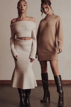 Lilian Knitted Cashmere Mini Jumper Dress In Camel<Lavish Alice Online