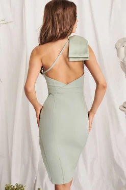 Lillian One Shoulder Satin Bow Midi Dress In Sage Green<Lavish Alice Cheap