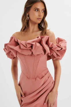 Lilly Extreme Ruffle Bardot Midi Dress In Rose Pink<Lavish Alice Store