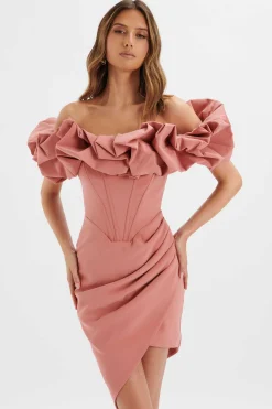 Lilly Extreme Ruffle Bardot Midi Dress In Rose Pink<Lavish Alice Store