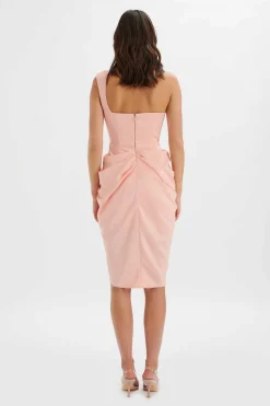 Luciana Curved One Shoulder Midi Dress In Coral Satin<Lavish Alice Discount