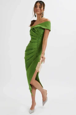 Lucille Bardot Bandeau Pleated Midi Dress In Green<Lavish Alice Fashion