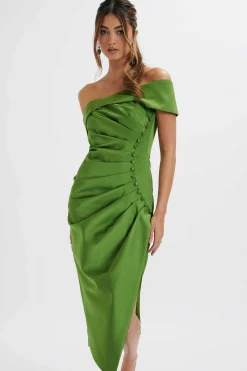 Lucille Bardot Bandeau Pleated Midi Dress In Green<Lavish Alice Fashion