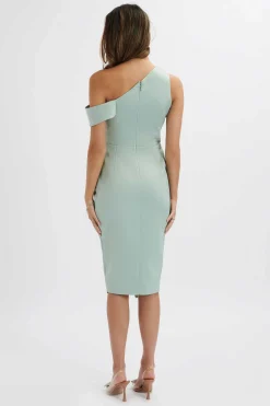 Maja One Shoulder Pleated Bonded Satin Midi Dress In Sage Green<Lavish Alice Flash Sale