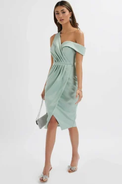Maja One Shoulder Pleated Bonded Satin Midi Dress In Sage Green<Lavish Alice Flash Sale