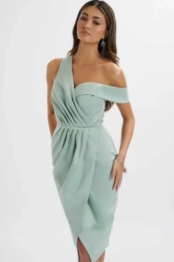 Maja One Shoulder Pleated Bonded Satin Midi Dress In Sage Green<Lavish Alice Flash Sale