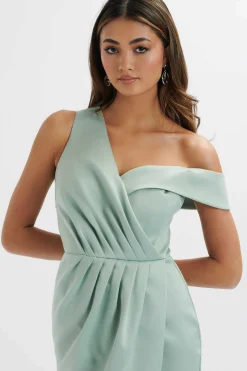 Maja One Shoulder Pleated Bonded Satin Midi Dress In Sage Green<Lavish Alice Flash Sale