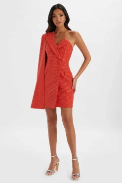 Marcy Crystal Embellished One Shoulder Cape Blazer Dress In Red<Lavish Alice Clearance