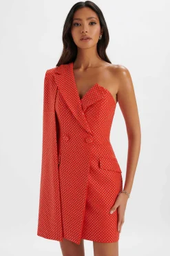 Marcy Crystal Embellished One Shoulder Cape Blazer Dress In Red<Lavish Alice Clearance
