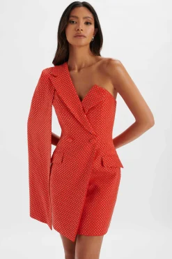 Marcy Crystal Embellished One Shoulder Cape Blazer Dress In Red<Lavish Alice Clearance