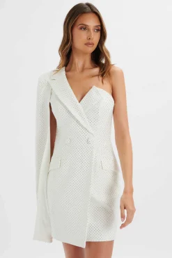 Marcy Crystal Embellished One Shoulder Cape Blazer Dress In White<Lavish Alice Sale