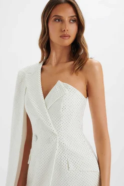 Marcy Crystal Embellished One Shoulder Cape Blazer Dress In White<Lavish Alice Sale